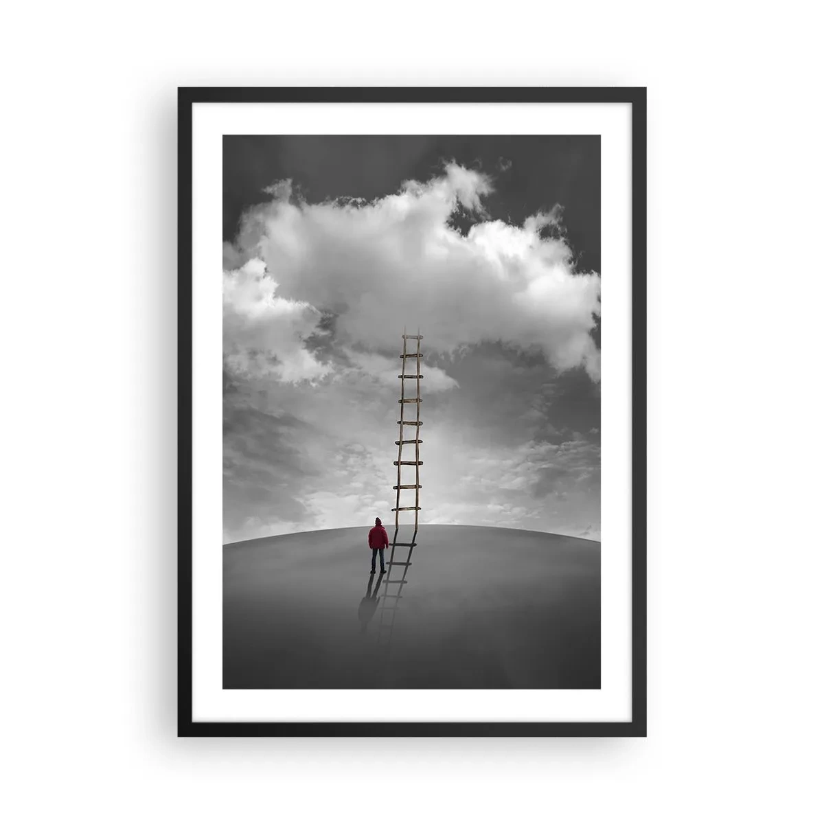 Plakat w czarnej ramie - Człowiek stojący przy drabinie prowadzącej do chmur - 50x70cm - Wszystko możliwe - Nowoczesna dekoracja ścienna do salonu i sypialni ARTTOR