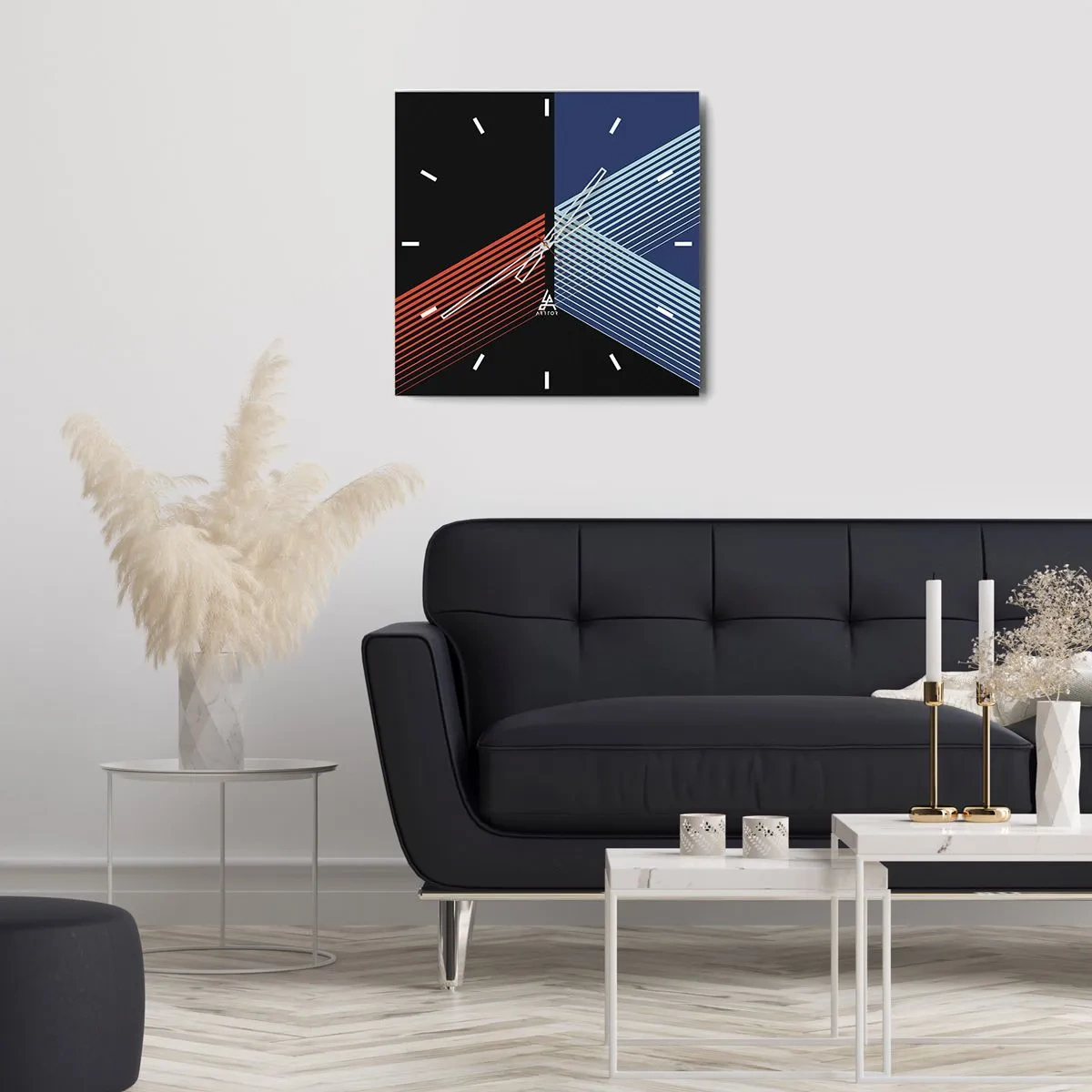 Zegar ścienny - Geometryczne linie w odcieniach czerwieni i błękitu - 30x30cm - Prosta historia - Nowoczesna dekoracja ścienna do salonu i sypialni ARTTOR