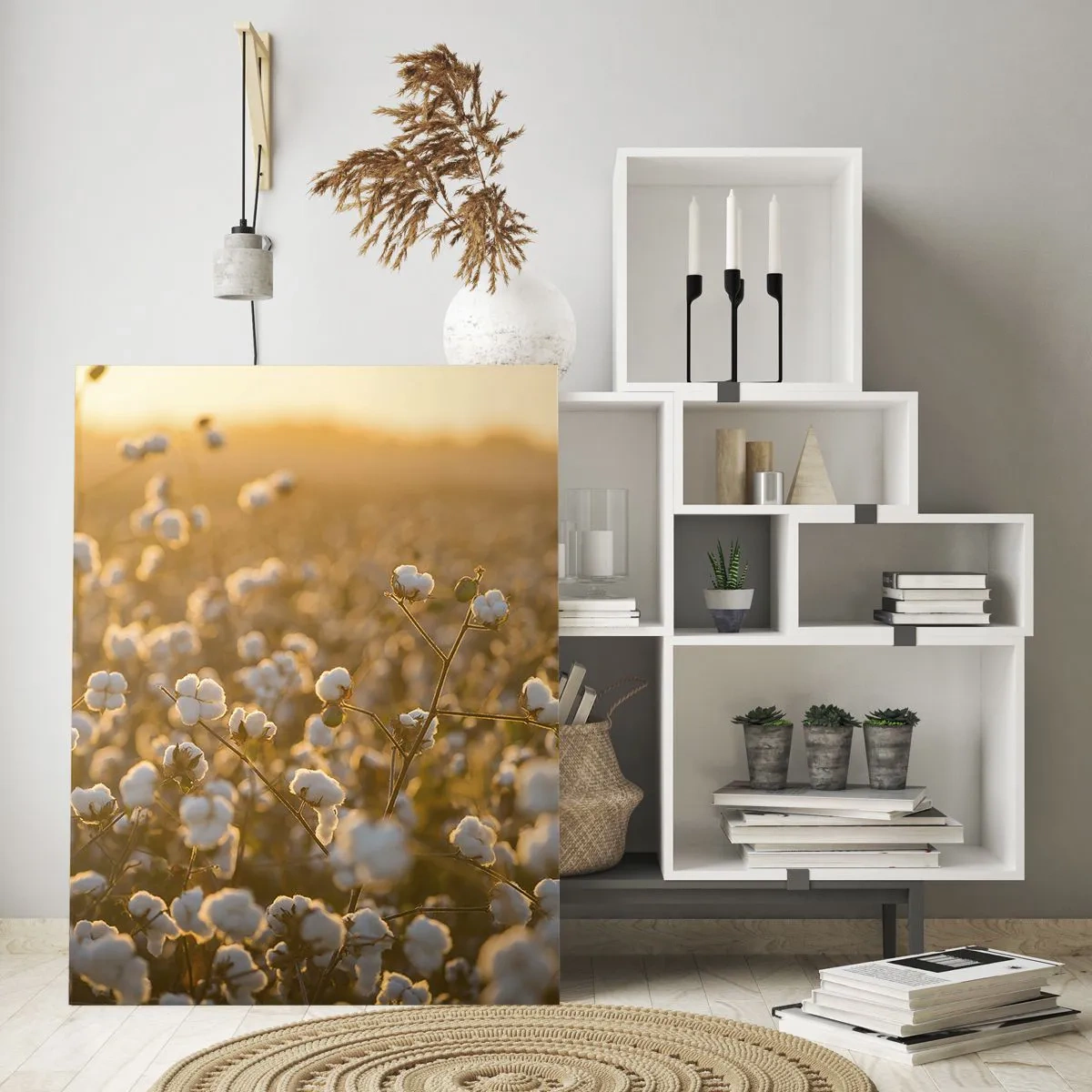 Obraz na szkle - Pole bawełny o zachodzie słońca - 50x70cm - Puszyste pole - Nowoczesna dekoracja ścienna do salonu, kuchni i sypialni ARTTOR