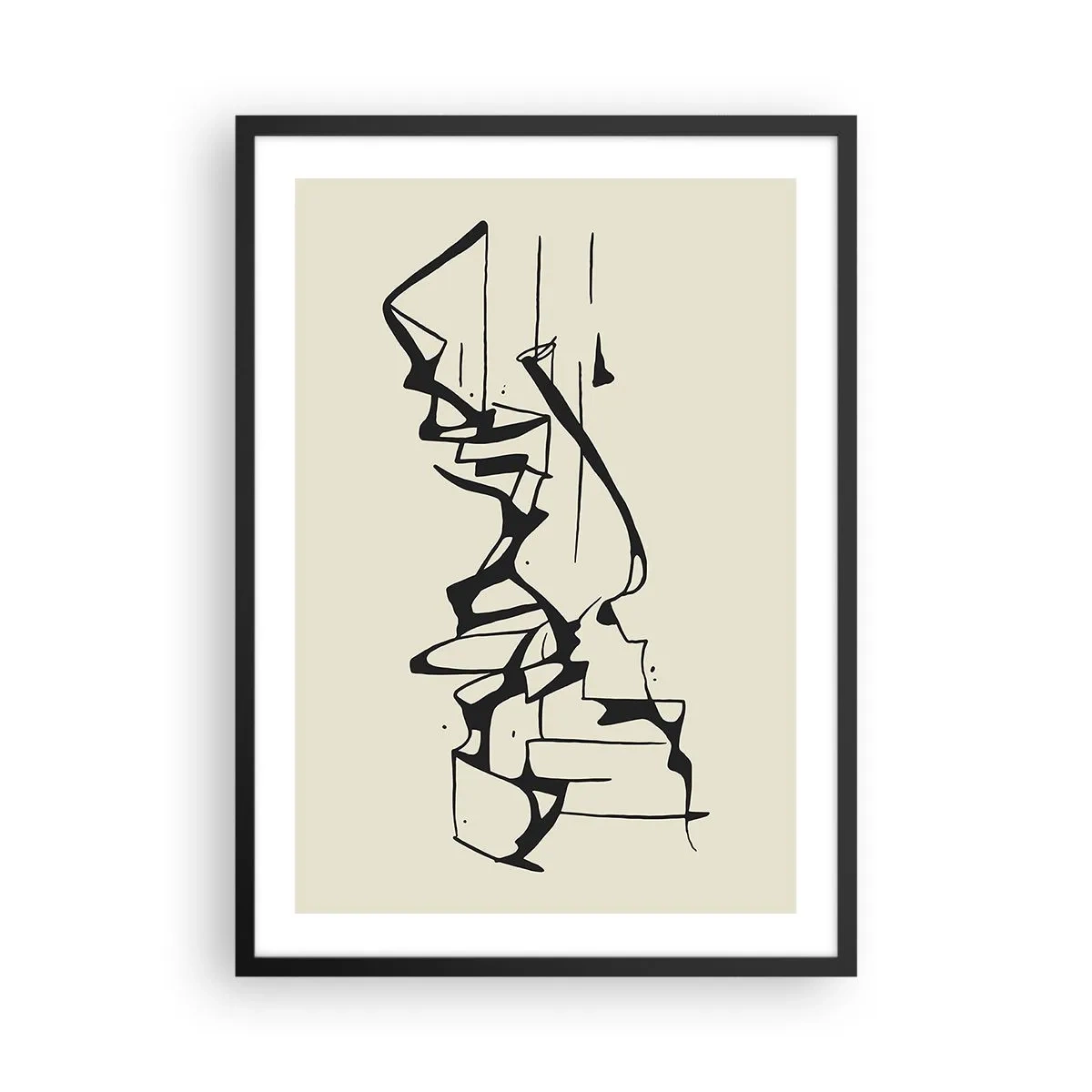Plakat w czarnej ramie - Abstrakcyjna czarno-biała kompozycja linii i kształtów - 50x70cm - Być może pejzaż - Nowoczesna dekoracja ścienna do salonu i sypialni ARTTOR