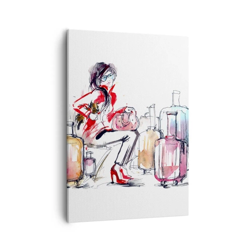 Obraz na płótnie - Kobieta z walizkami w dynamicznej, artystycznej scenerii - 50x70cm - Siądźmy przed podróżą - Nowoczesna dekoracja ścienna do salonu, kuchni i sypialni ARTTOR