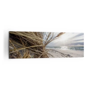 Obraz na płótnie - Plaża z suchymi trawami na wydmach i widokiem na morze - 160x50cm - Spotkanie żywiołów - Nowoczesna dekoracja ścienna do salonu i sypialni ARTTOR