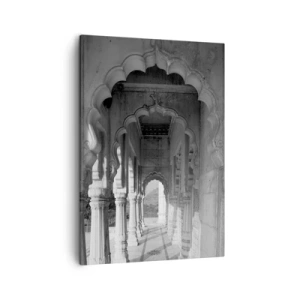 Obraz na płótnie - Monochromatyczna fotografia orientalnych łuków w pałacu - 50x70cm - Tu dzieją się baśnie Wschodu - Nowoczesna dekoracja ścienna do salonu, kuchni i sypialni ARTTOR