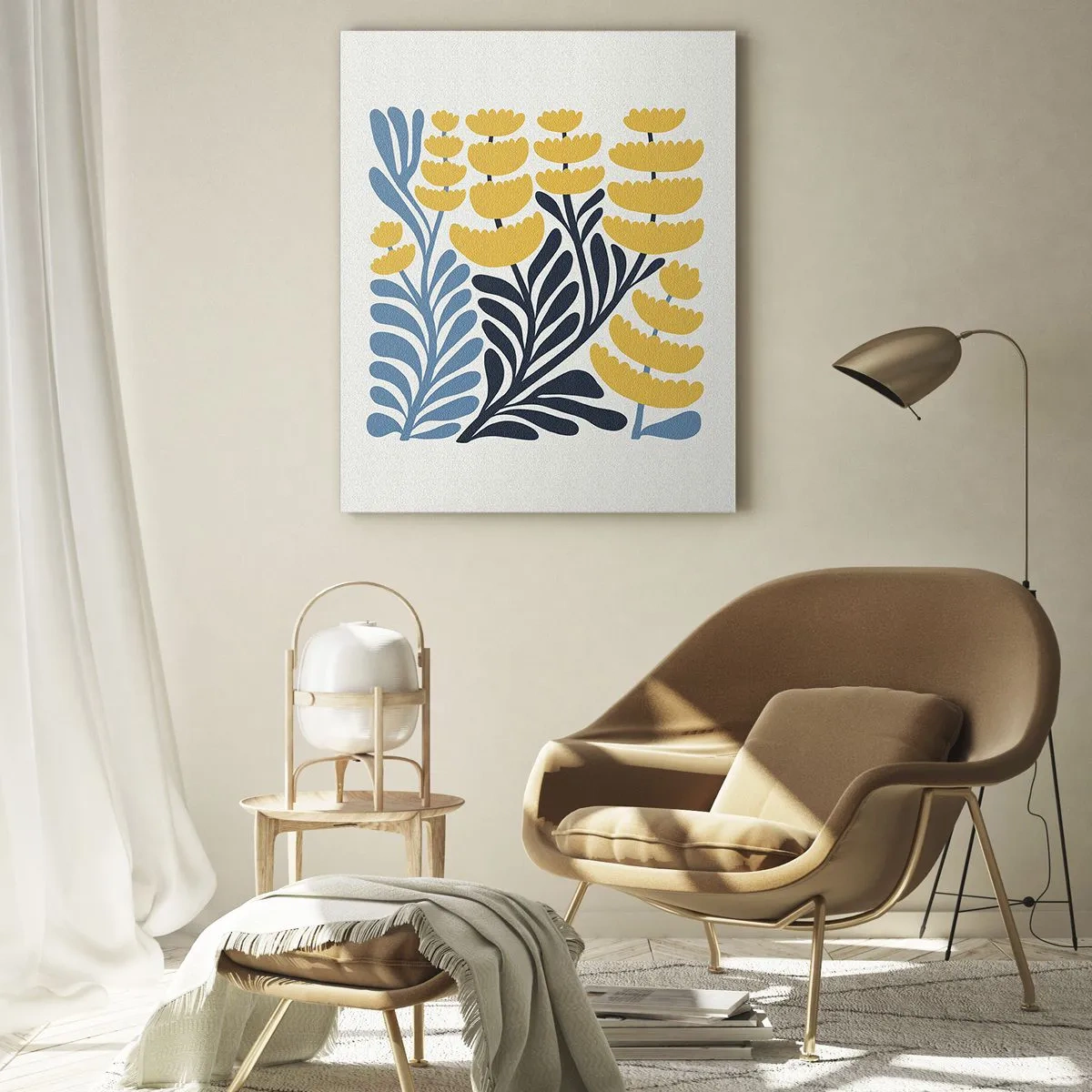 Obraz na szkle - Minimalistyczne żółte kwiaty i niebieskie liście w skandynawskim stylu - 80x120cm - Słoneczna rabata - Nowoczesna dekoracja ścienna do salonu i sypialni ARTTOR