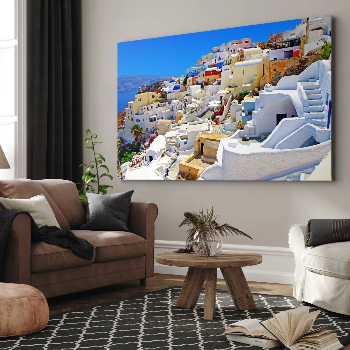 Obraz na płótnie - Panorama Santorini z białymi domami i błękitnym niebem - 100x70cm - Marzenie o greckim lecie - Nowoczesna dekoracja ścienna do salonu, kuchni i sypialni ARTTOR