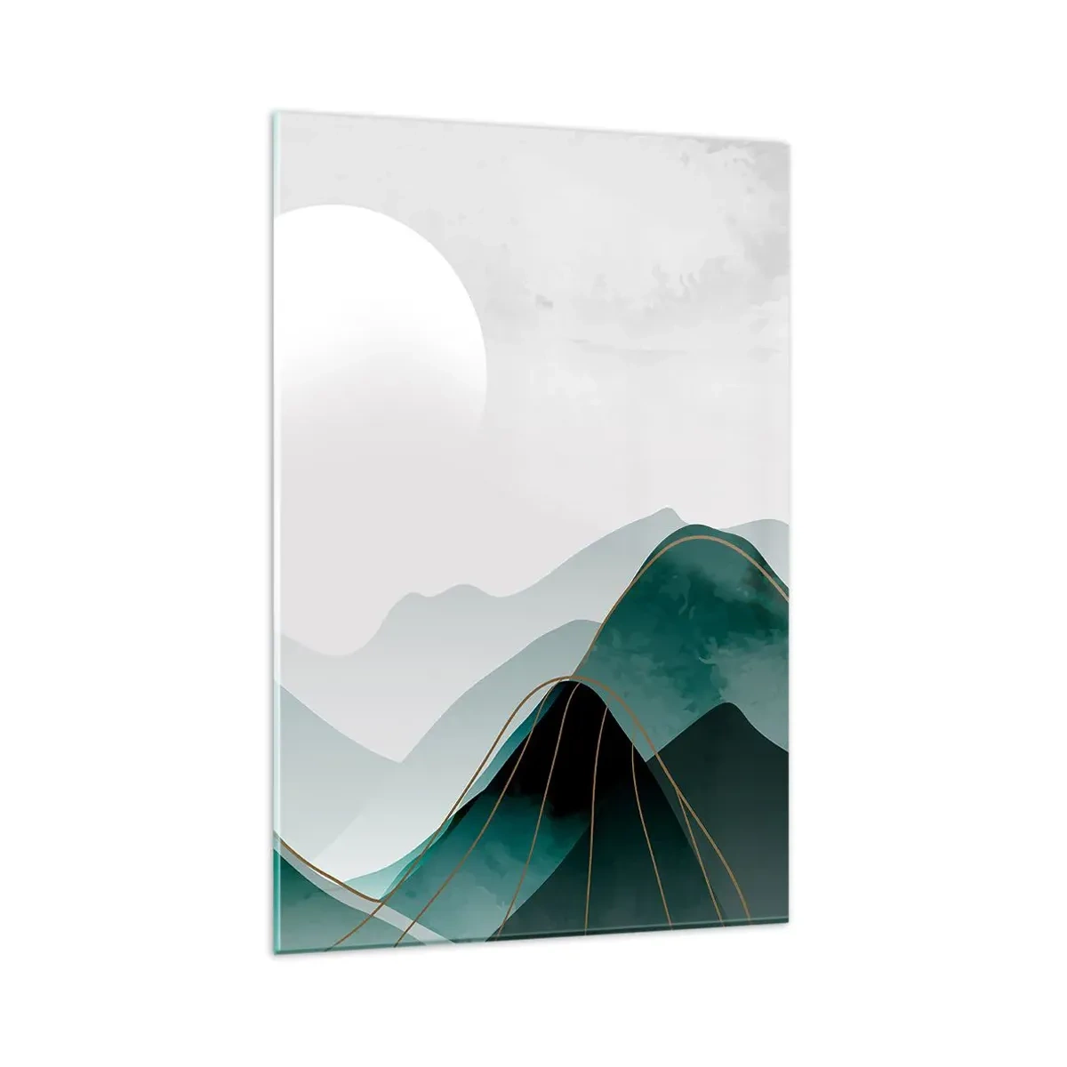 Obraz na szkle - Abstrakcyjny pejzaż górski z księżycem i złotymi liniami - 80x120cm - W pełnym majestacie - Nowoczesna dekoracja ścienna do salonu i sypialni ARTTOR