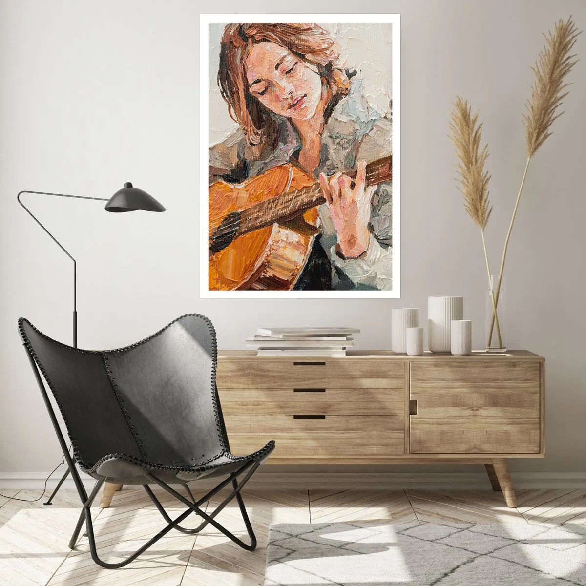 Plakat - Portret kobiety grającej na gitarze w stylu impasto - 50x70cm - Koncert na gitarę i dziewczęce serce - Nowoczesna dekoracja ścienna do salonu, kuchni i sypialni ARTTOR