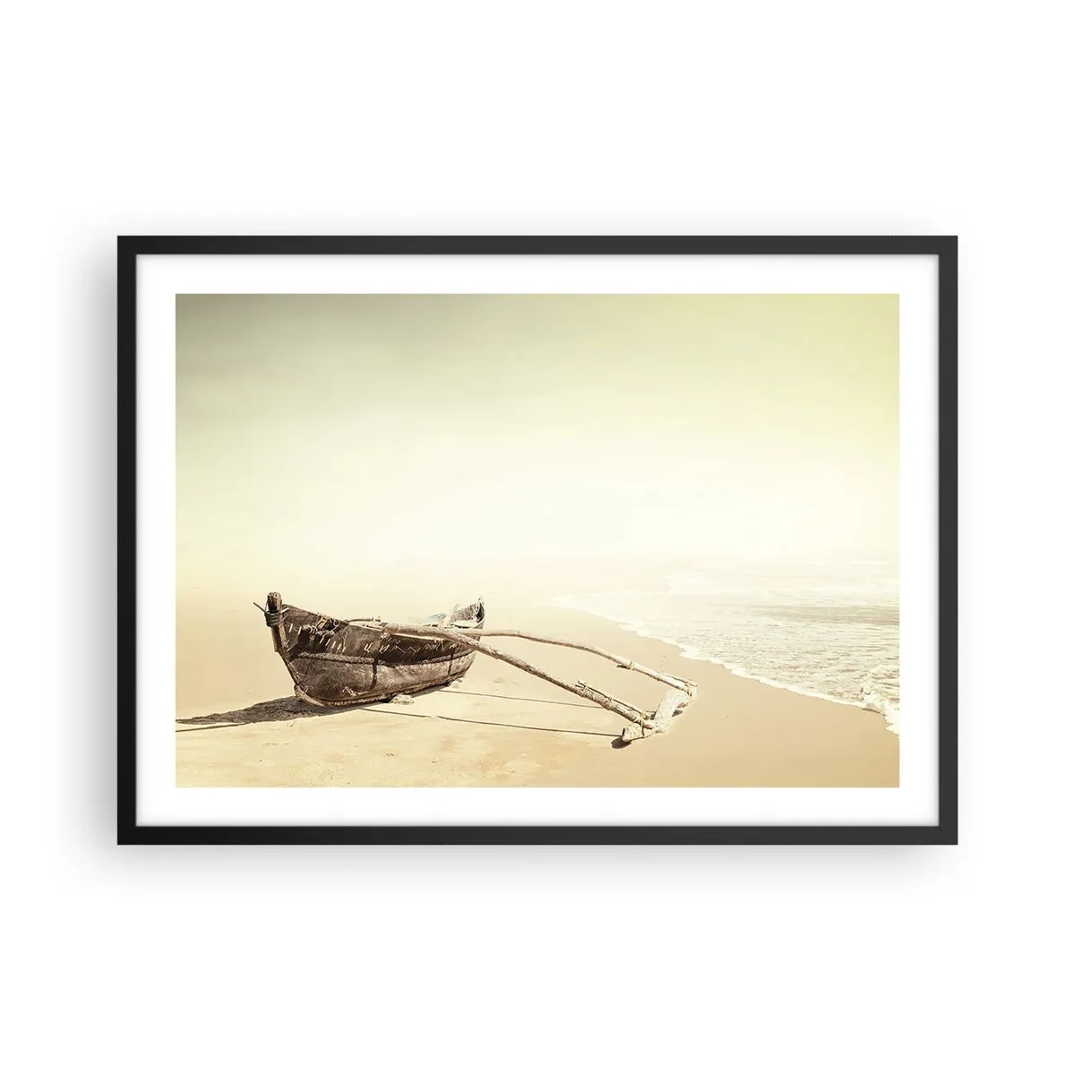 Plakat w czarnej ramie - Stara łódź rybacka na piaszczystej plaży - 70x50cm - Wspomnienie mórz południowych - Nowoczesna dekoracja ścienna do salonu i sypialni ARTTOR