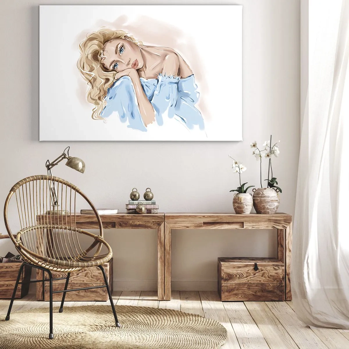 Obraz na płótnie - Portret kobiety w błękitnej sukni z blond włosami - 70x50cm - Rozmarzona w błękicie - Nowoczesna dekoracja ścienna do salonu i sypialni ARTTOR