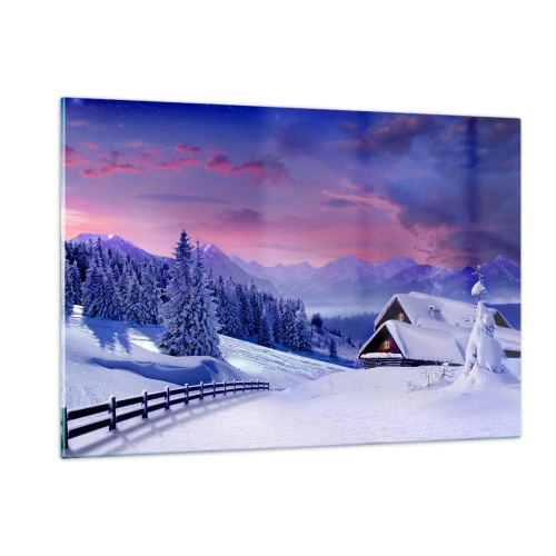 Obraz na szkle - Zimowy krajobraz z chatą i ośnieżonymi górami - 120x80cm - Cicha noc - Nowoczesna dekoracja ścienna do salonu, kuchni i sypialni ARTTOR