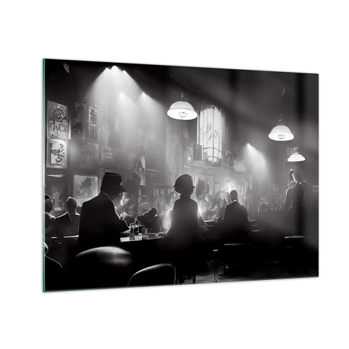 Obraz na szkle - Czarno-biała scena jazzowa w klubowym wnętrzu - 70x50cm - W jazzowym klimacie - Nowoczesna dekoracja ścienna do salonu i sypialni ARTTOR