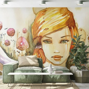 Fototapeta Standard Eco - Akwarelowa ilustracja dziewczyny z rudymi włosami - 100x70cm - Szmaragdowe spojrzenie, co ucisza gniew - Nowoczesna dekoracja ścienna do salonu i sypialni ARTTOR