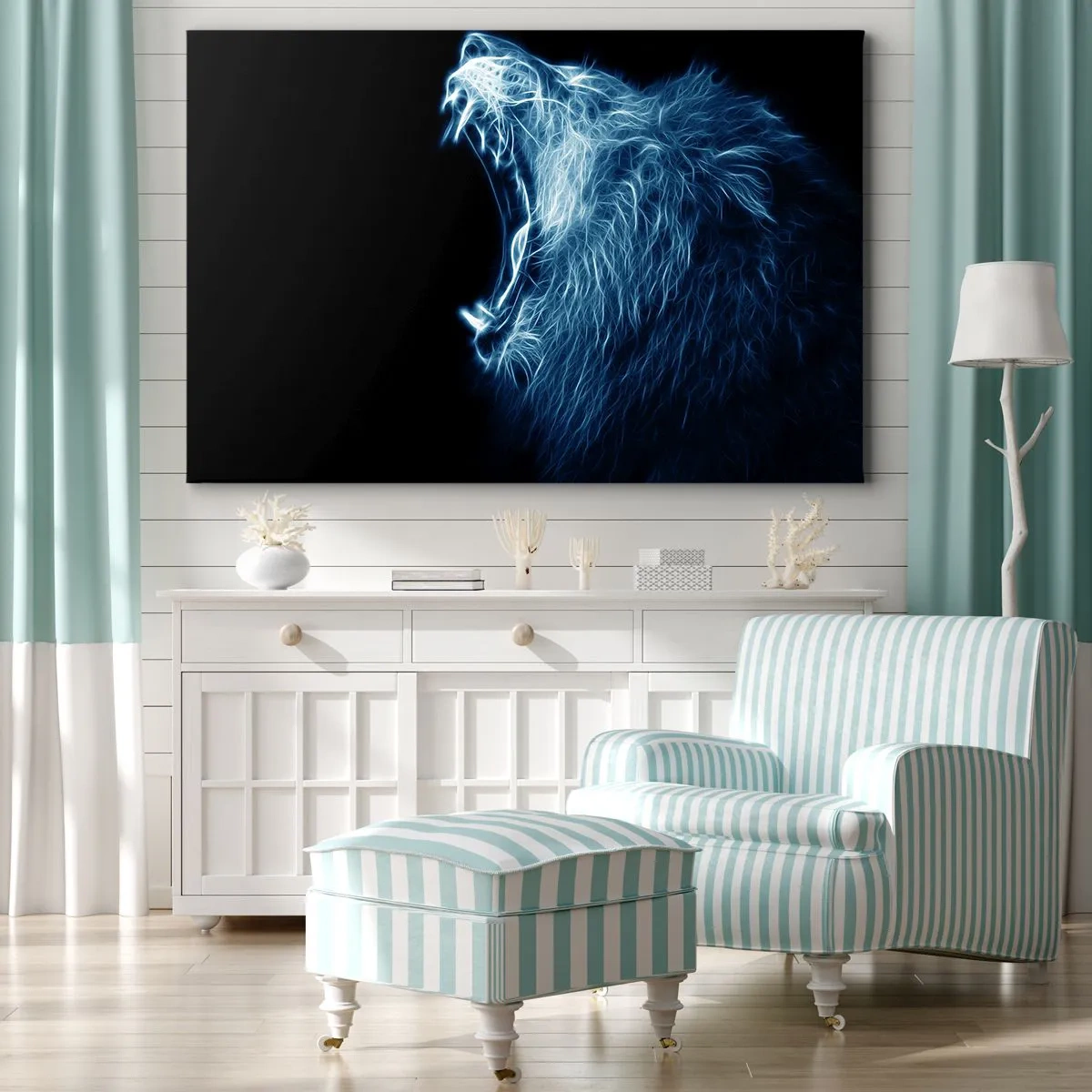 Obraz na płótnie - Efektowne oblicze lwa w neonowym stylu - 70x50cm - Płomienny gniew króla - Nowoczesna dekoracja ścienna do salonu i sypialni ARTTOR