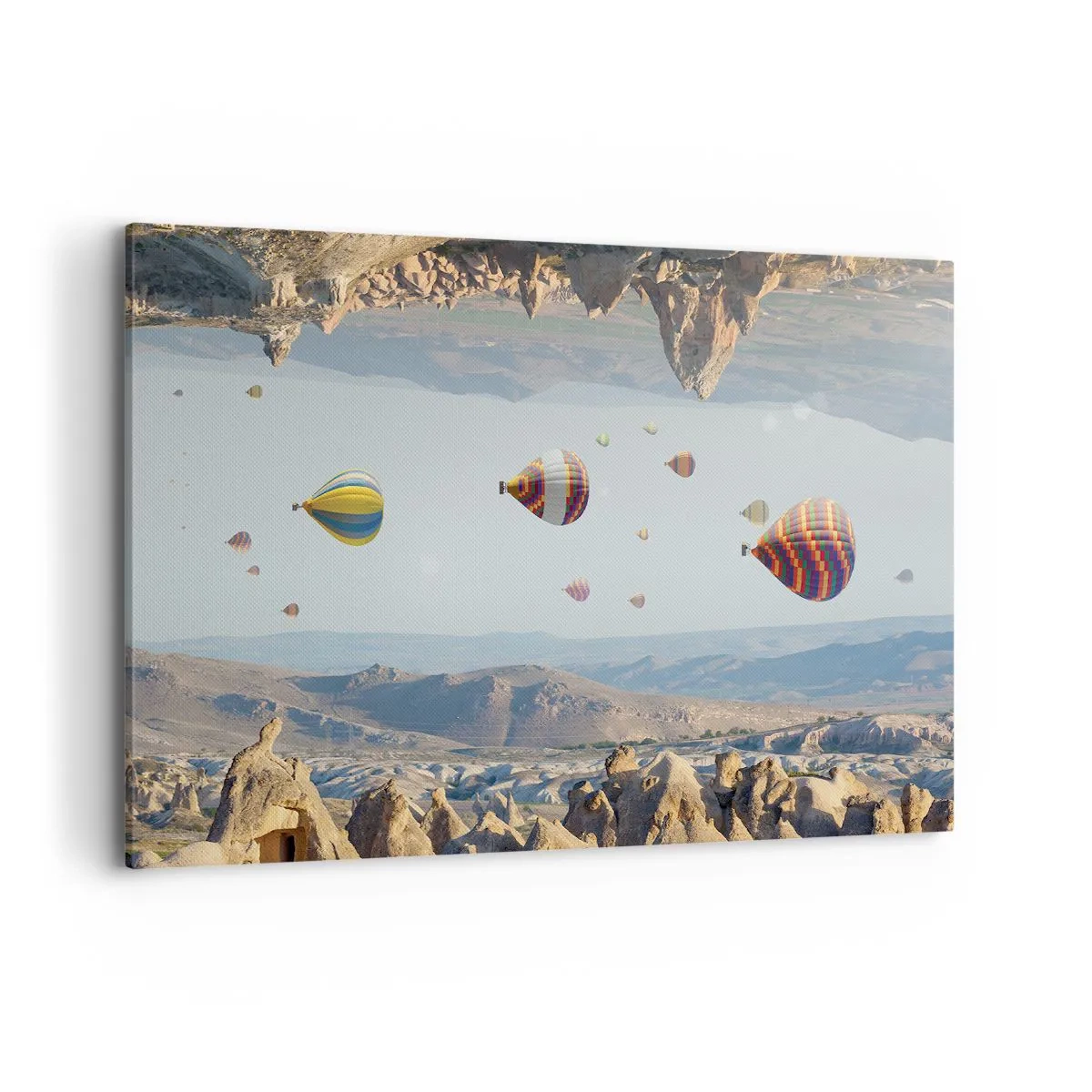 Obraz na płótnie - Kolorowe balony nad skalnym krajobrazem - 100x70cm - Tu wszystko jest możliwe - Nowoczesna dekoracja ścienna do salonu, kuchni i sypialni ARTTOR