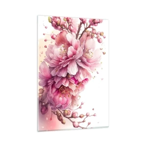 Obraz na szkle - Delikatne kwiaty wiśni w pełnym rozkwicie na jasnym tle - 80x120cm - Kwiat kwitnącej wiśni - Nowoczesna dekoracja ścienna do salonu i sypialni ARTTOR