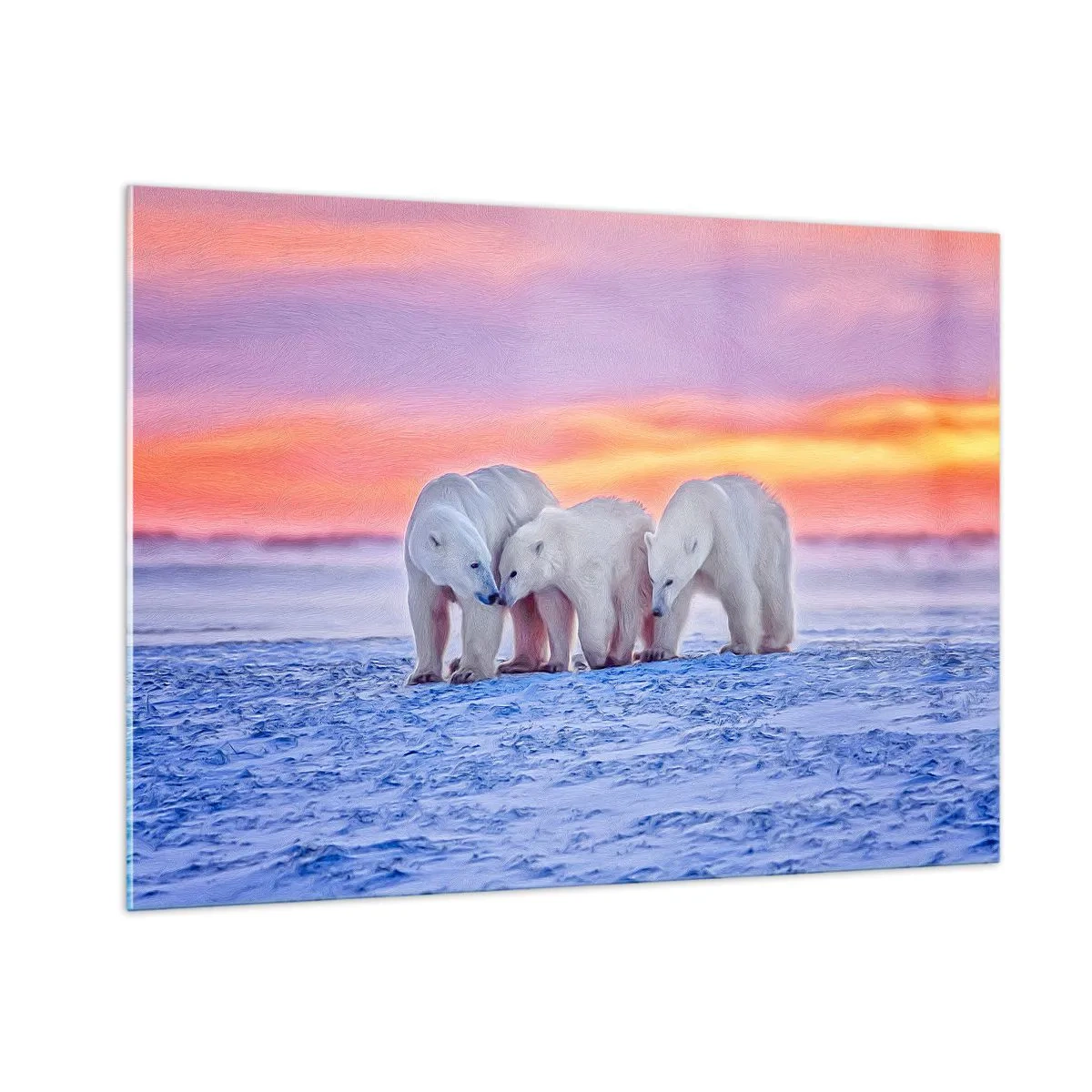 Obraz na szkle - Trzy niedźwiedzie polarne na śnieżnym tle o zachodzie słońca - 100x70cm - Wystarczy rodzinne ciepło - Nowoczesna dekoracja ścienna do salonu, kuchni i sypialni ARTTOR