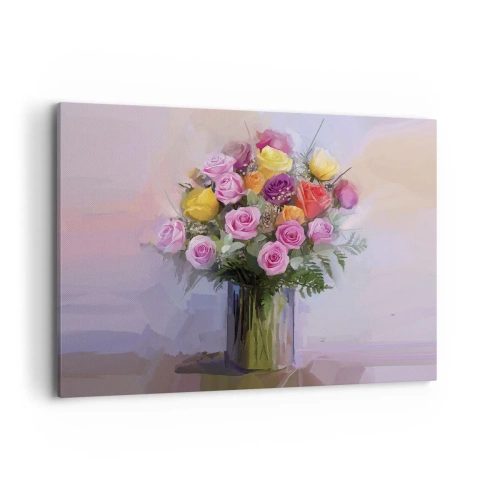 Obraz na płótnie - Bukiet kolorowych róż w szklanym wazonie - 100x70cm - Zatrzymane piękno - Nowoczesna dekoracja ścienna do salonu, kuchni i sypialni ARTTOR