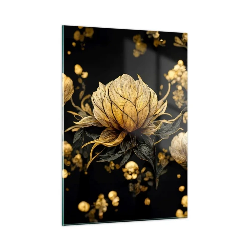 Obraz na szkle - Złote kwiaty na czarnym tle w eleganckiej kompozycji - 50x70cm - Subtelna kruchość - Nowoczesna dekoracja ścienna do salonu, kuchni i sypialni ARTTOR