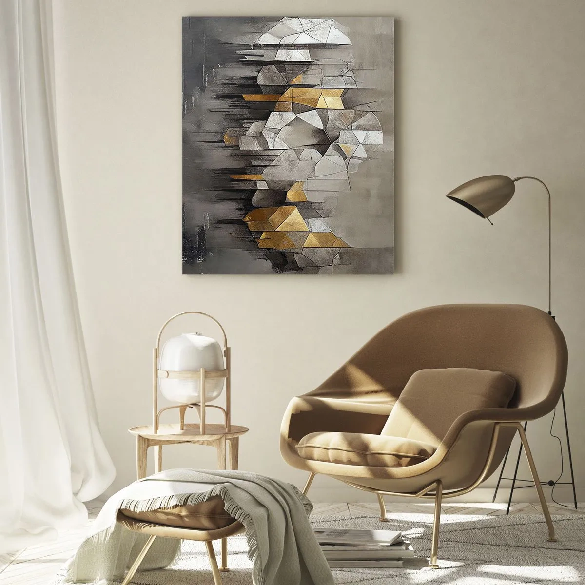 Obraz na szkle - Geometryczna abstrakcja w odcieniach złota i szarości - 80x120cm - Kompozycja z lodu i światła - Nowoczesna dekoracja ścienna do salonu i sypialni ARTTOR