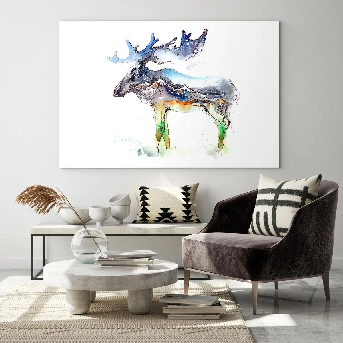 Obraz na szkle - Akwarela łosia z motywem gór w sylwetce - 100x70cm - Bohater zimowej opowieści - Nowoczesna dekoracja ścienna do salonu, kuchni i sypialni ARTTOR