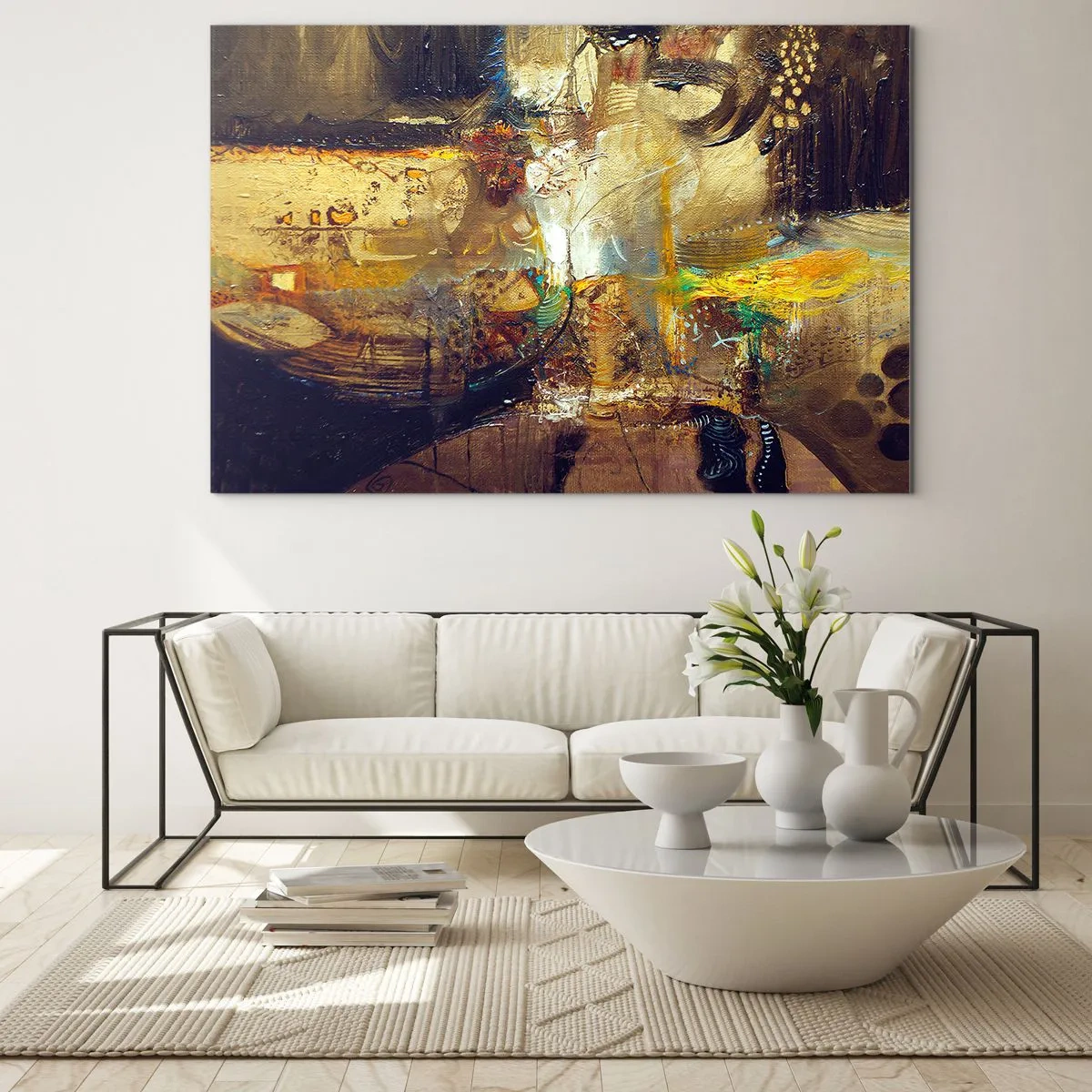Obraz na szkle - Abstrakcyjna kompozycja w odcieniach złota i brązu - 70x50cm - Zimno, cieplej, gorąco - Nowoczesna dekoracja ścienna do salonu i sypialni ARTTOR