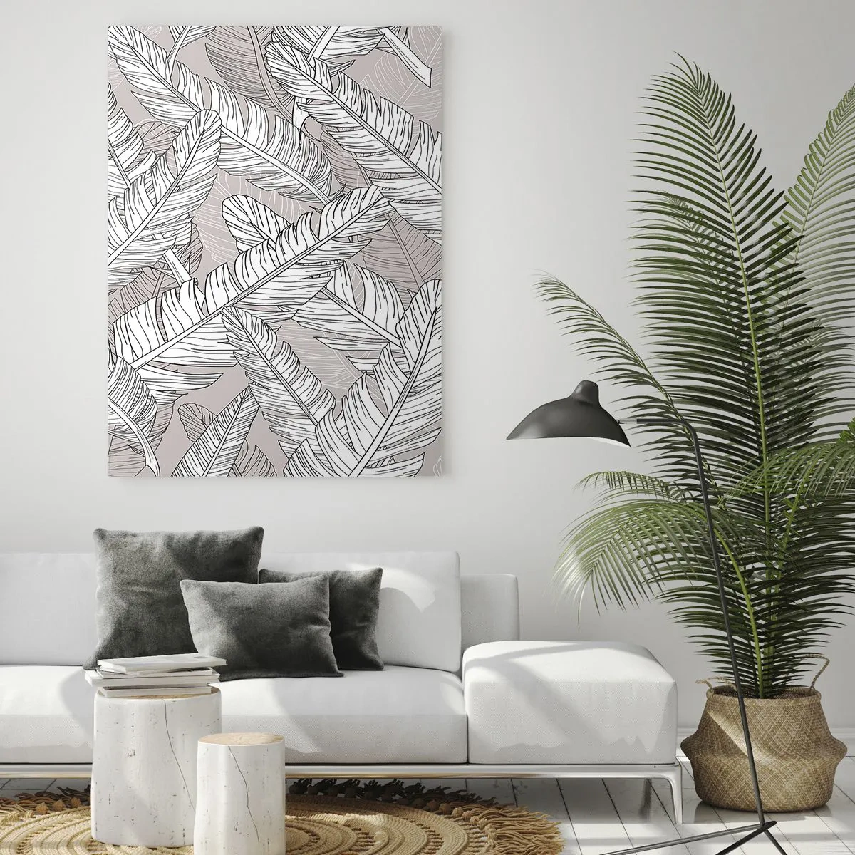 Obraz na szkle - Czarno-białe liście na beżowym tle w stylu graficznym - 50x70cm - Pierzasta zawierucha - Nowoczesna dekoracja ścienna do salonu, kuchni i sypialni ARTTOR