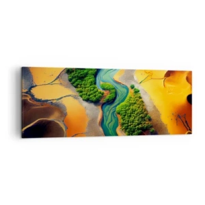 Obraz na płótnie - Zielona rzeka w otoczeniu złotych piasków i roślinności - 140x50cm - Życiodajna rzeka - Nowoczesna dekoracja ścienna do salonu i sypialni ARTTOR
