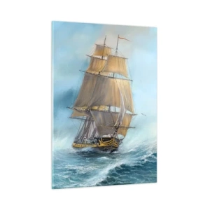 Obraz na szkle - Żaglowiec na wzburzonym morzu w malarskim stylu - 50x70cm - Mknący po falach - Nowoczesna dekoracja ścienna do salonu, kuchni i sypialni ARTTOR