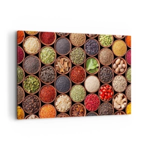 Obraz na płótnie - Kolorowe przyprawy w okrągłych pojemnikach - 120x80cm - Wszystkie smaki świata - Nowoczesna dekoracja ścienna do salonu, kuchni i sypialni ARTTOR