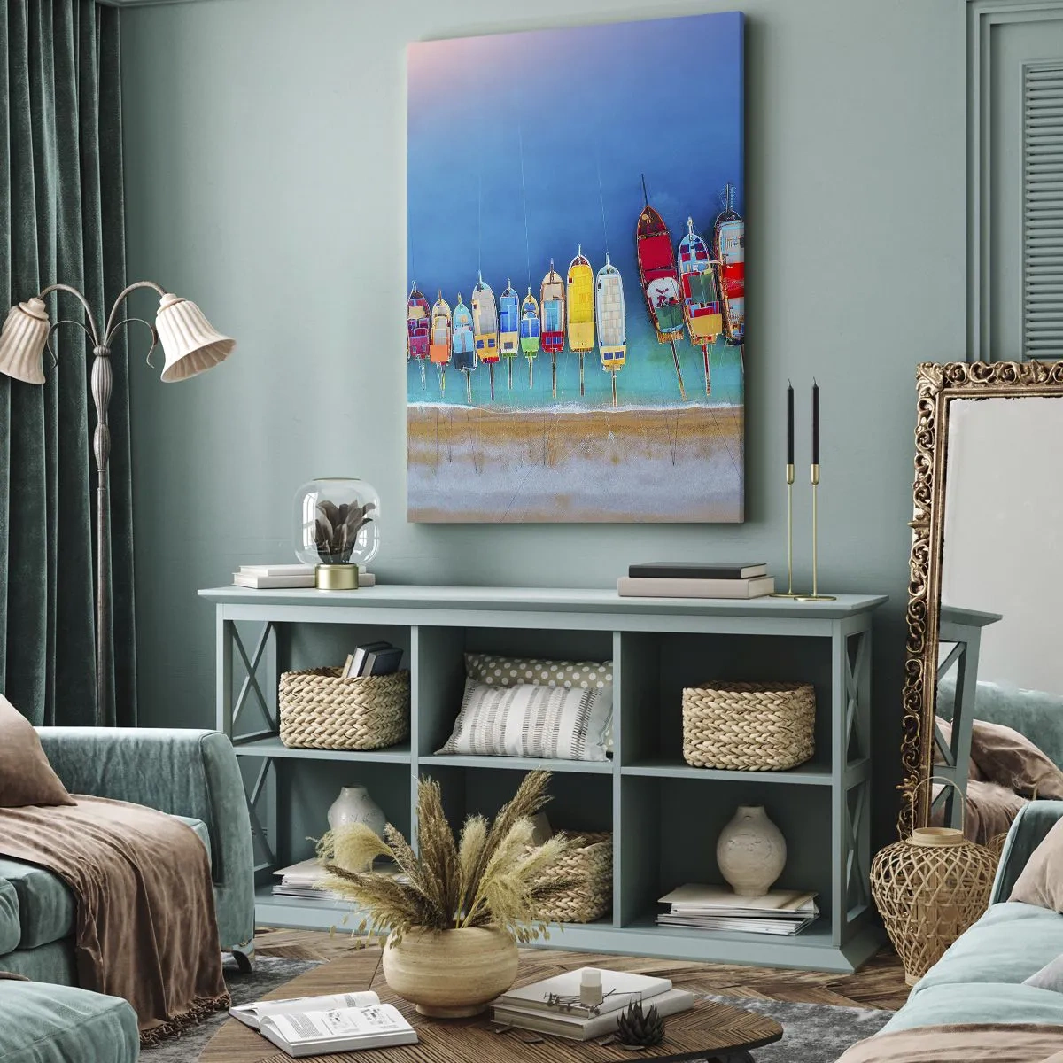 Obraz na płótnie - Kolorowe łodzie ustawione w rząd nad brzegiem - 70x100cm - Z lotu ptaka - Nowoczesna dekoracja ścienna do salonu i sypialni ARTTOR