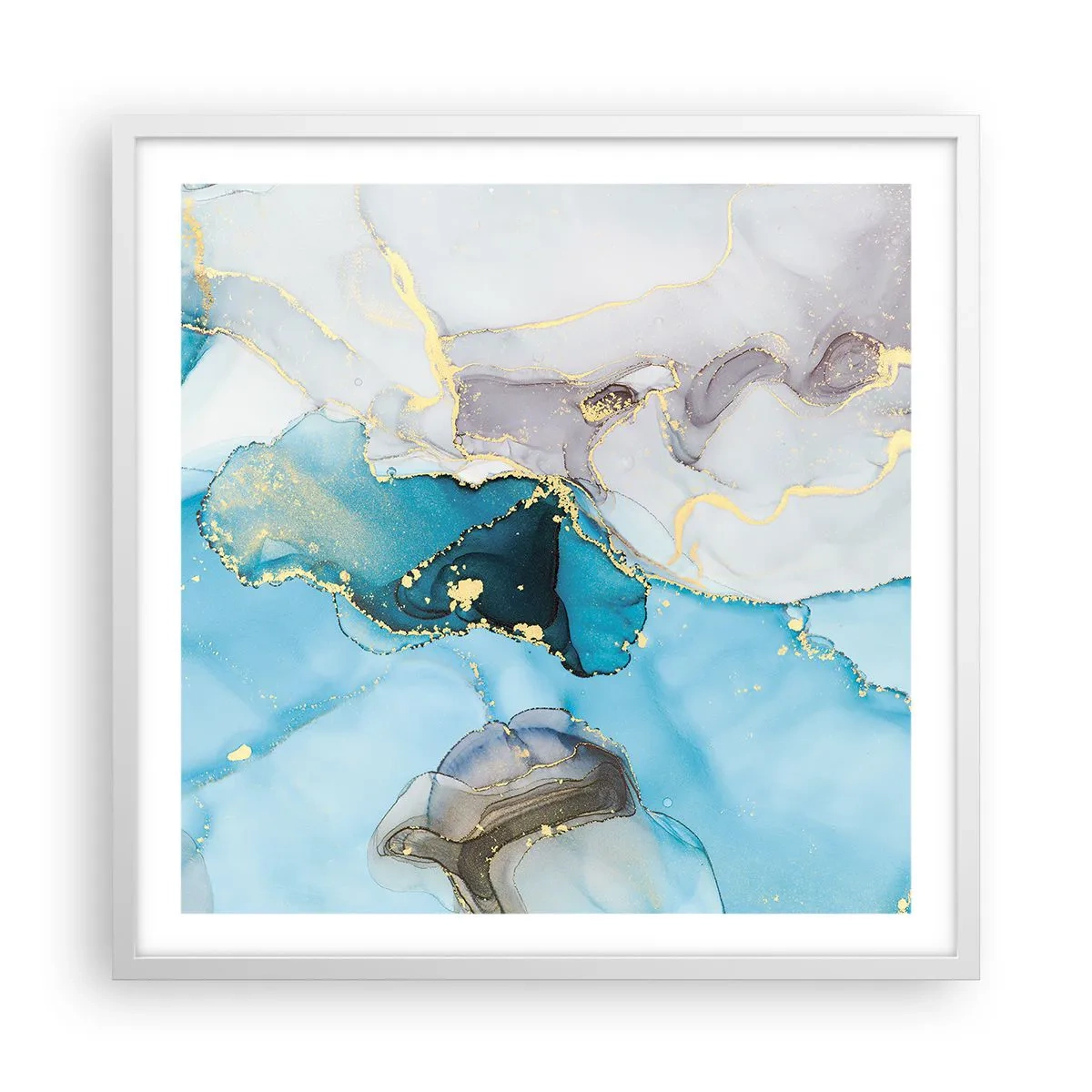Plakat w białej ramie - Studium spotkania szarości z turkusem - 60x60 cm