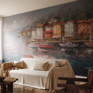 Fototapeta Premium Sand - Malownicze miasteczko portowe z żaglówkami przy nabrzeżu - 100x70cm - Romantyczna przystań - Nowoczesna dekoracja ścienna do salonu, kuchni i sypialni ARTTOR