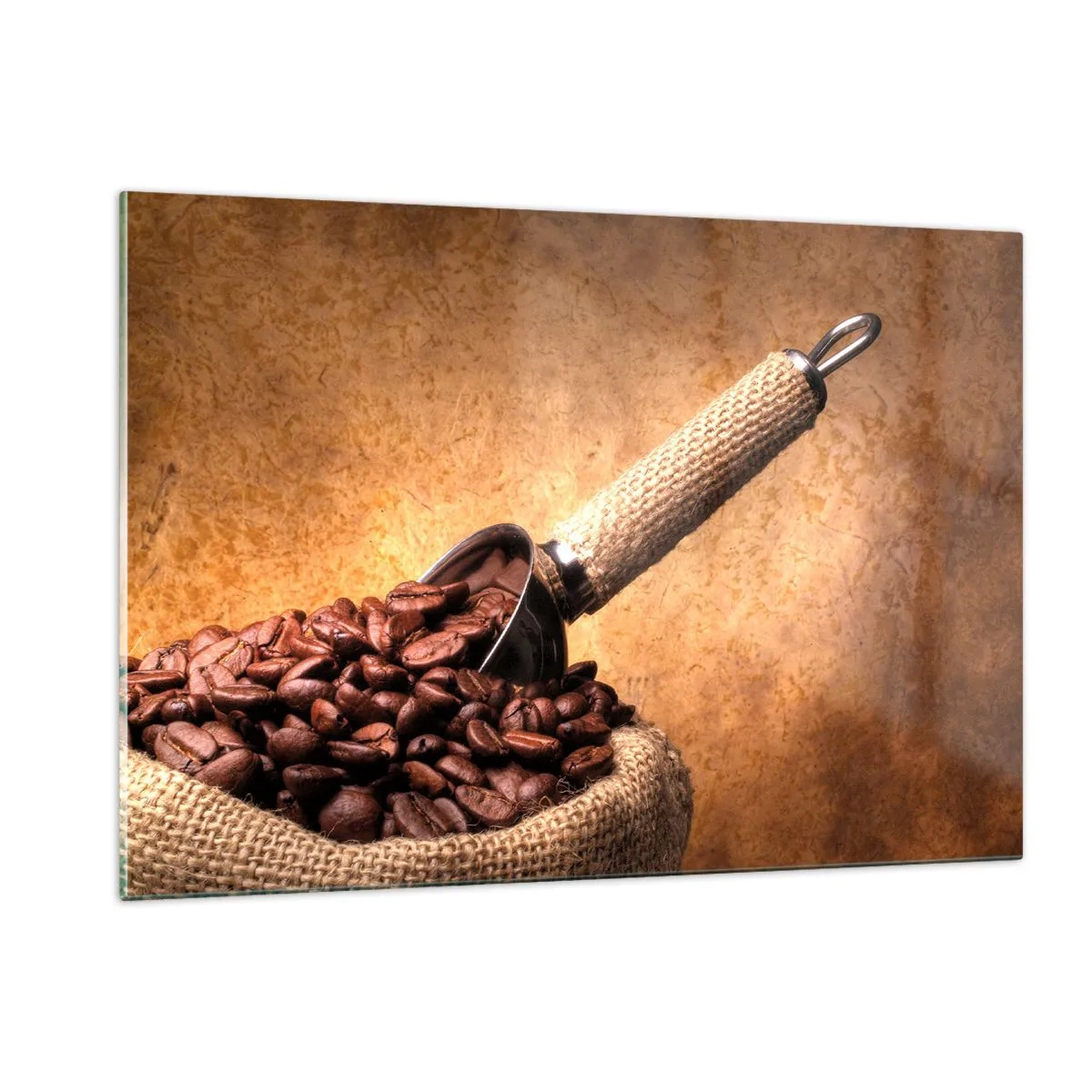 Obraz na szkle - Ziarna kawy w worku jutowym z metalową łopatką - 120x80cm - U źródeł smaku - Nowoczesna dekoracja ścienna do salonu, kuchni i sypialni ARTTOR