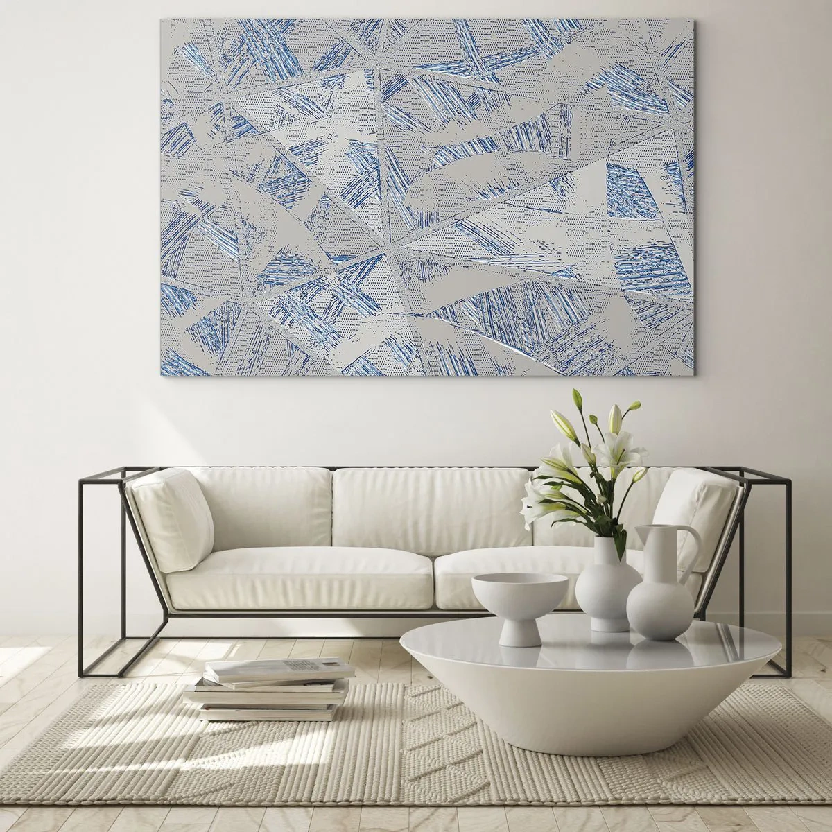 Obraz na szkle - Geometryczne wzory w odcieniach szarości i niebieskiego - 70x50cm - W szaroniebieskim labiryncie - Nowoczesna dekoracja ścienna do salonu i sypialni ARTTOR