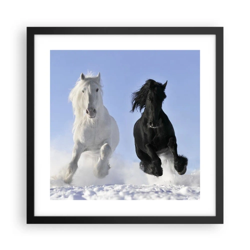 Plakat w czarnej ramie - Czarno-biały galop - 40x40 cm