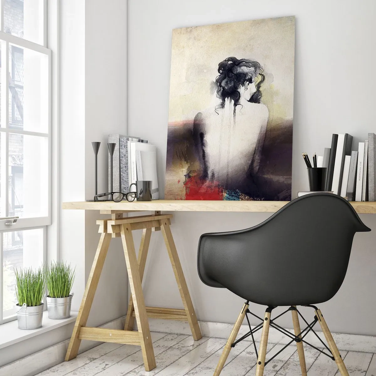 Obraz na szkle - Subtelny portret kobiety na tle pastelowego krajobrazu - 50x70cm - Łagodne linie, owalne kształty - Nowoczesna dekoracja ścienna do salonu, kuchni i sypialni ARTTOR
