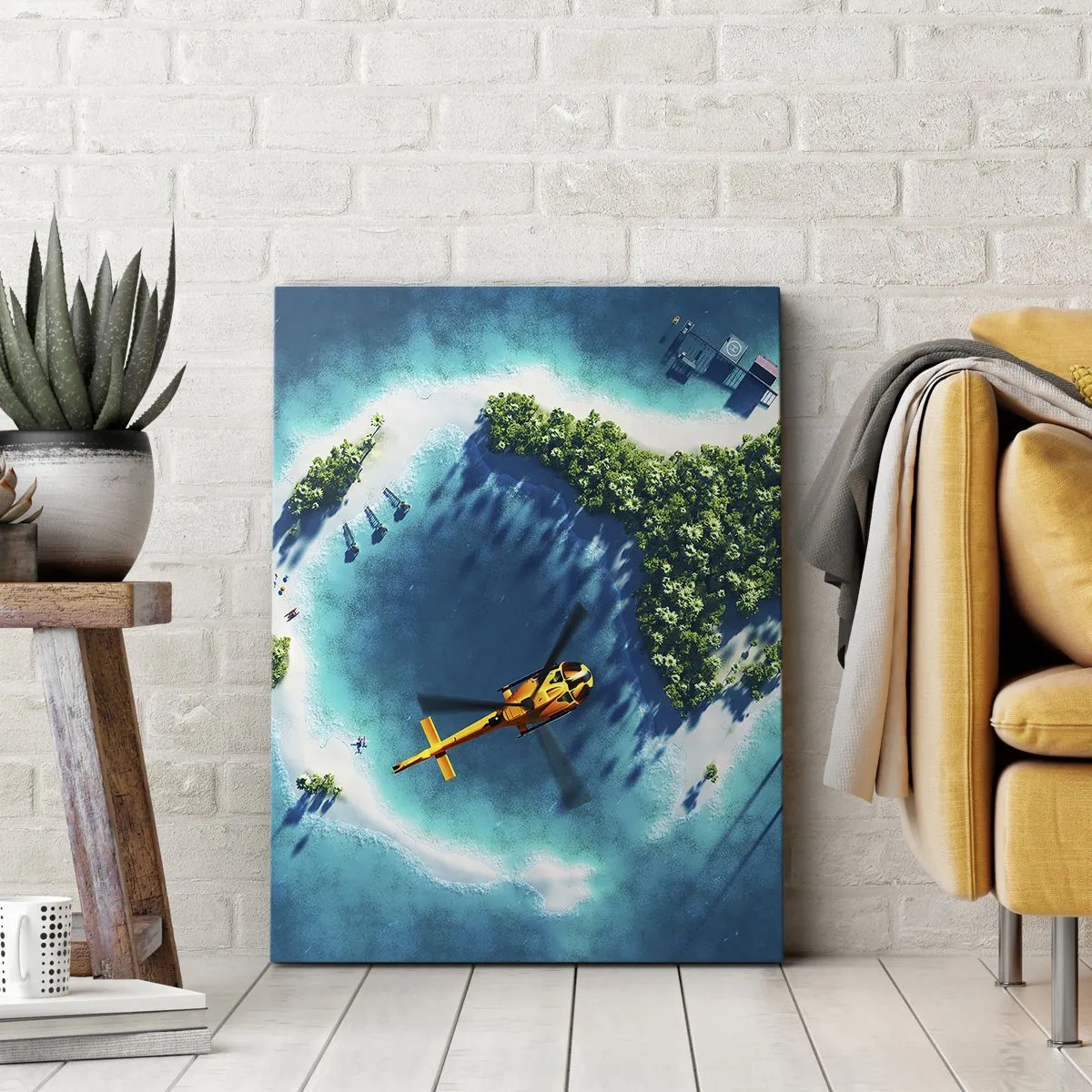 Obraz na płótnie - Helikopter nad tropikalną wyspą z błękitnym morzem - 50x70cm - Kup sobie wyspę - Nowoczesna dekoracja ścienna do salonu, kuchni i sypialni ARTTOR