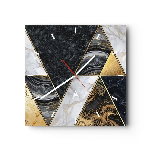 Zegar ścienny - Geometryczne trójkąty w złocie, marmurze i ciemnych odcieniach - 30x30cm - Kamień przy kamieniu - Nowoczesna dekoracja ścienna do salonu i sypialni ARTTOR