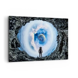 Obraz na płótnie - Astronauta na tle kosmicznego pejzażu z Ziemią - 120x80cm - Już niedaleko do domu - Nowoczesna dekoracja ścienna do salonu, kuchni i sypialni ARTTOR