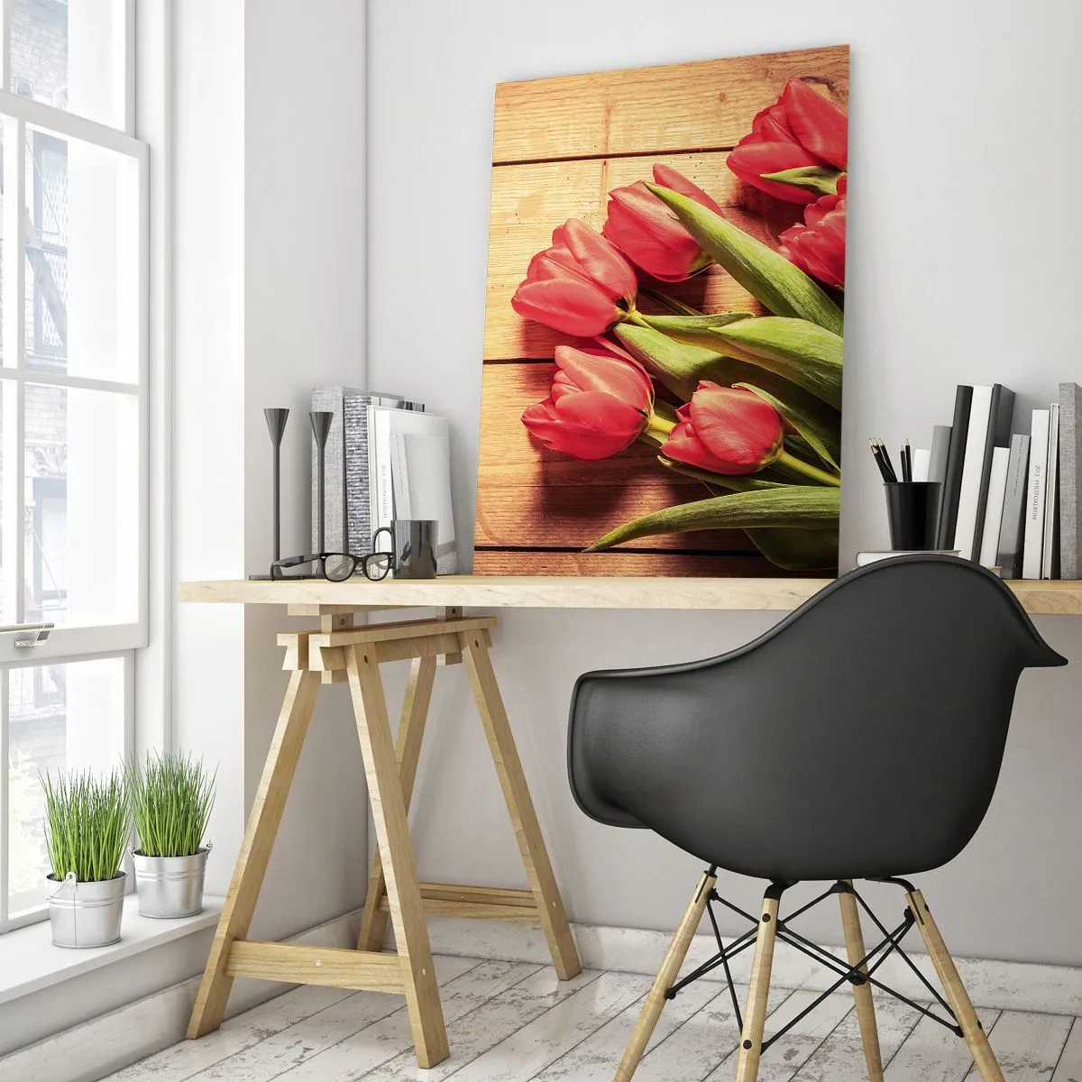 Obraz na szkle - Bukiet różowych tulipanów na drewnianym tle - 70x100cm - Wiosenne wyznanie - Nowoczesna dekoracja ścienna do salonu i sypialni ARTTOR