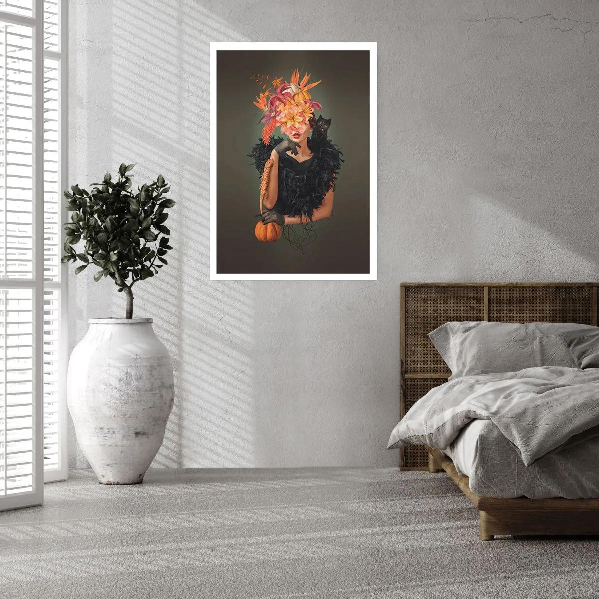 Plakat - Artystyczny portret kobiety z kwiatami, dynią i czarnym kotem - 50x70cm - Czar wiedźmy - Nowoczesna dekoracja ścienna do salonu, kuchni i sypialni ARTTOR