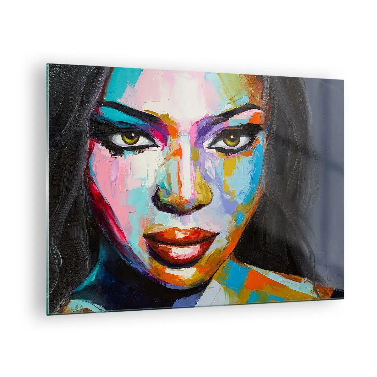 Obraz na szkle - Kolorowy portret kobiety w wyrazistym stylu - 70x50cm - Nie sposób oderwac oczu - Nowoczesna dekoracja ścienna do salonu i sypialni ARTTOR