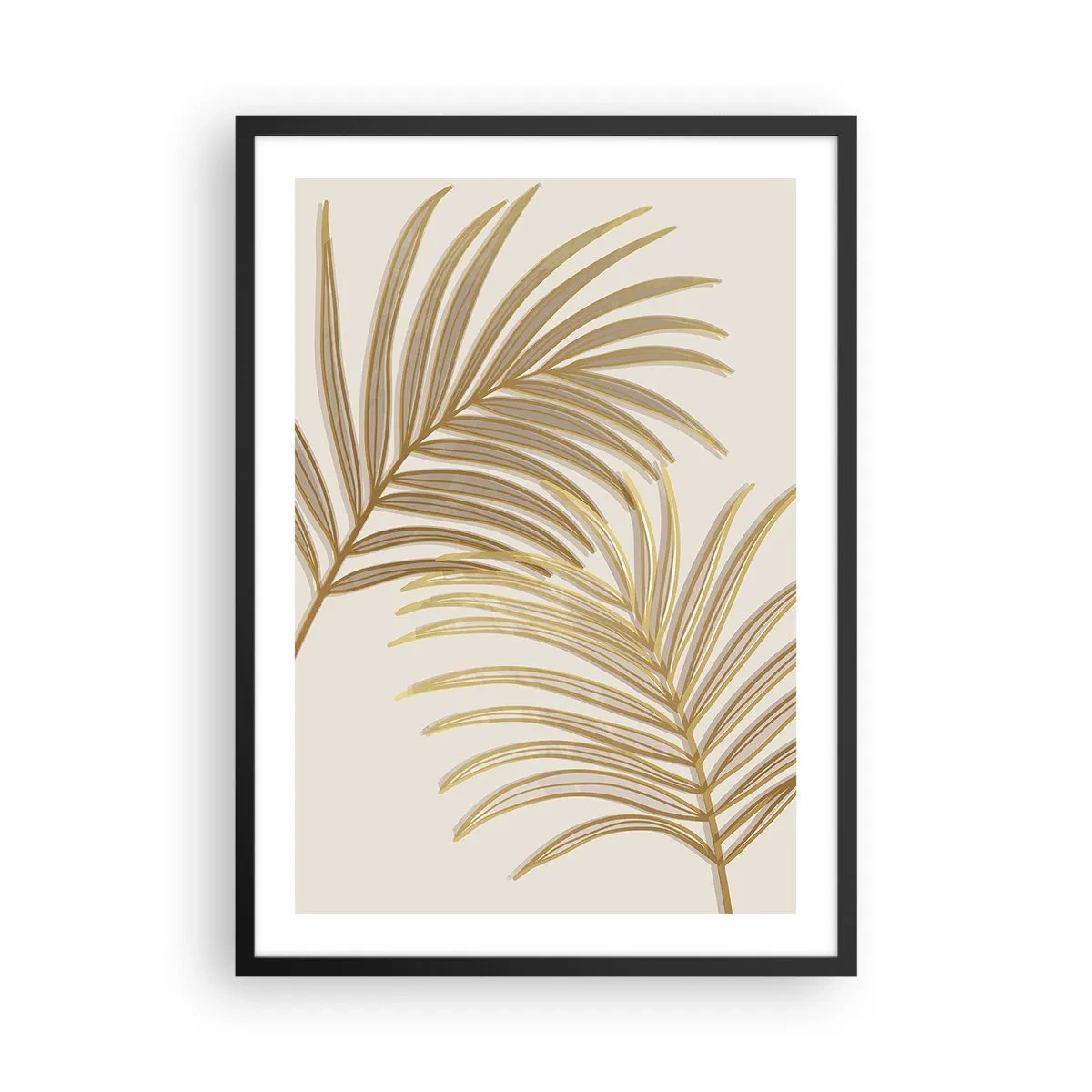 Plakat w czarnej ramie - Złote liście palmy w minimalistycznym stylu na jasnym tle - 50x70cm - Złota Palma! - Nowoczesna dekoracja ścienna do salonu i sypialni ARTTOR