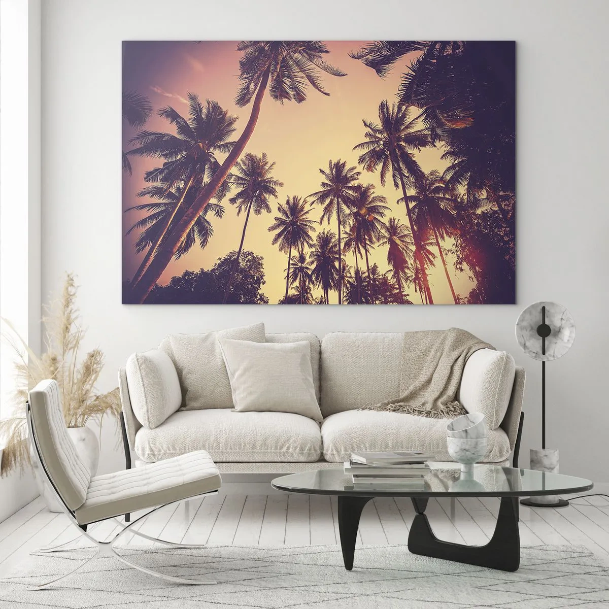 Obraz na szkle - Palmy w promieniach zachodzącego słońca - 70x50cm - Tropikalna wariacja - Nowoczesna dekoracja ścienna do salonu i sypialni ARTTOR