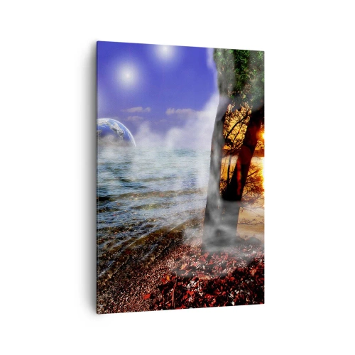 Obraz na płótnie - Fantastyczny krajobraz z morzem, drzewem i zachodem słońca. - 70x100cm - Pejzaż surrealistyczny - jedność natury - Nowoczesna dekoracja ścienna do salonu i sypialni ARTTOR