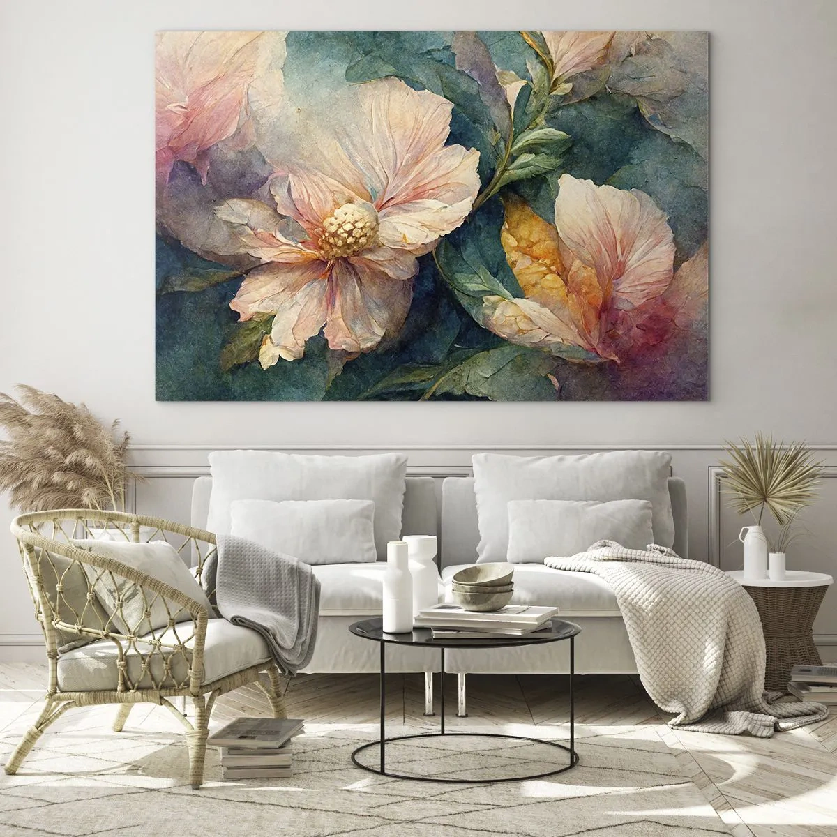 Obraz na szkle - Delikatne kwiaty w pastelowej akwarelowej tonacji - 70x50cm - Sama subtelność - Nowoczesna dekoracja ścienna do salonu i sypialni ARTTOR