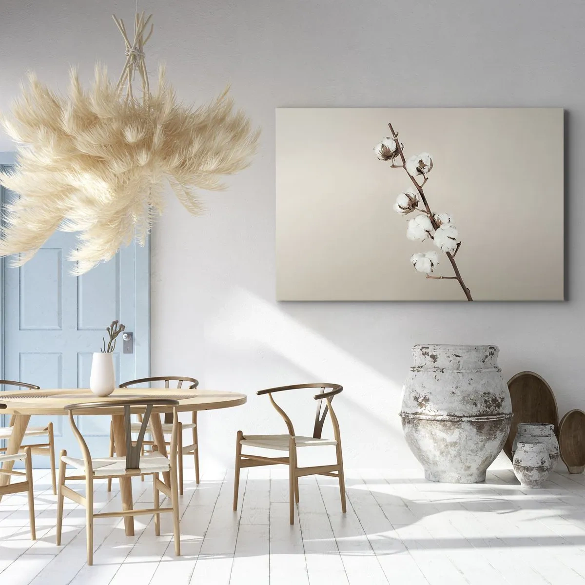 Obraz na płótnie - Gałązka bawełny na beżowym tle - 70x50cm - U źródła miękkości - Nowoczesna dekoracja ścienna do salonu i sypialni ARTTOR