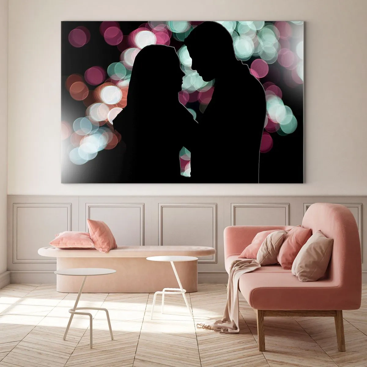Obraz na szkle - Sylwetki pary na tle kolorowych świateł bokeh - 120x80cm - Tak! - Nowoczesna dekoracja ścienna do salonu, kuchni i sypialni ARTTOR
