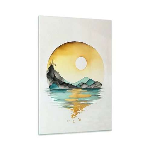 Obraz na szkle - Akwarelowy pejzaż gór i jeziora w złotej poświacie zachodzącego słońca - 80x120cm - W kręgu piękna - Nowoczesna dekoracja ścienna do salonu i sypialni ARTTOR