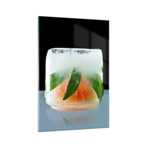 Obraz na szkle - Kostka lodu z pomarańczą i liśćmi - 70x100cm - Świeżość i ochłoda - Nowoczesna dekoracja ścienna do salonu i sypialni ARTTOR